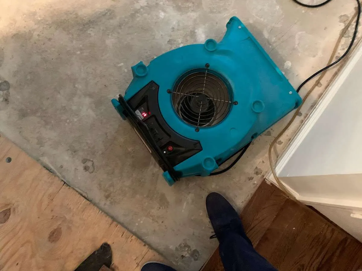 Air mover drying subfloor during Leak Detection & Repair in Beverly